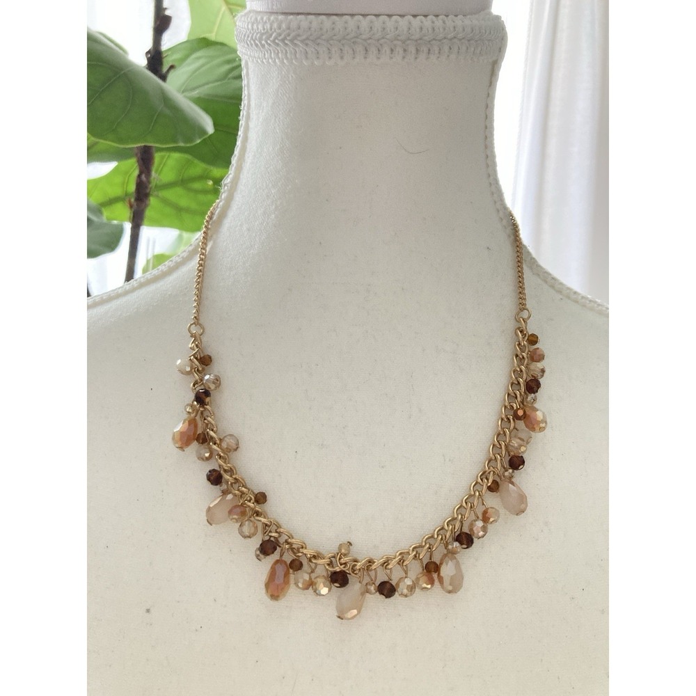 Gold Tone Chain Necklace Faceted Glass Bead Dangle Bib Necklace Peach Romantic